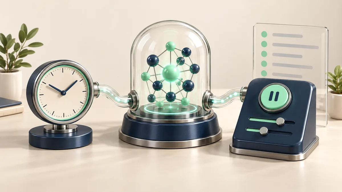 Glass AI core connected to a clock and a pause-control console in navy and mint on a cream background.