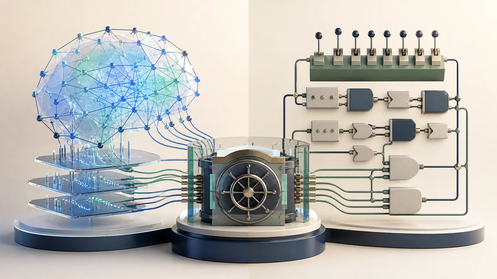 Adaptive neural lattice beside a mechanical rule engine, both connected to the same guarded control module