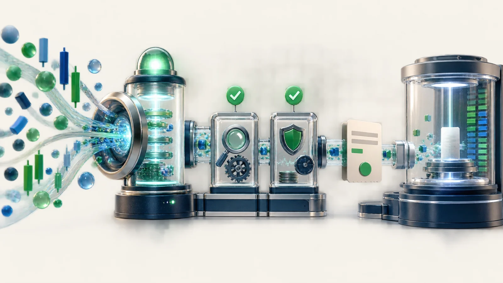 Market-data particles passing through signal, validation and risk gates before reaching a neutral order chamber