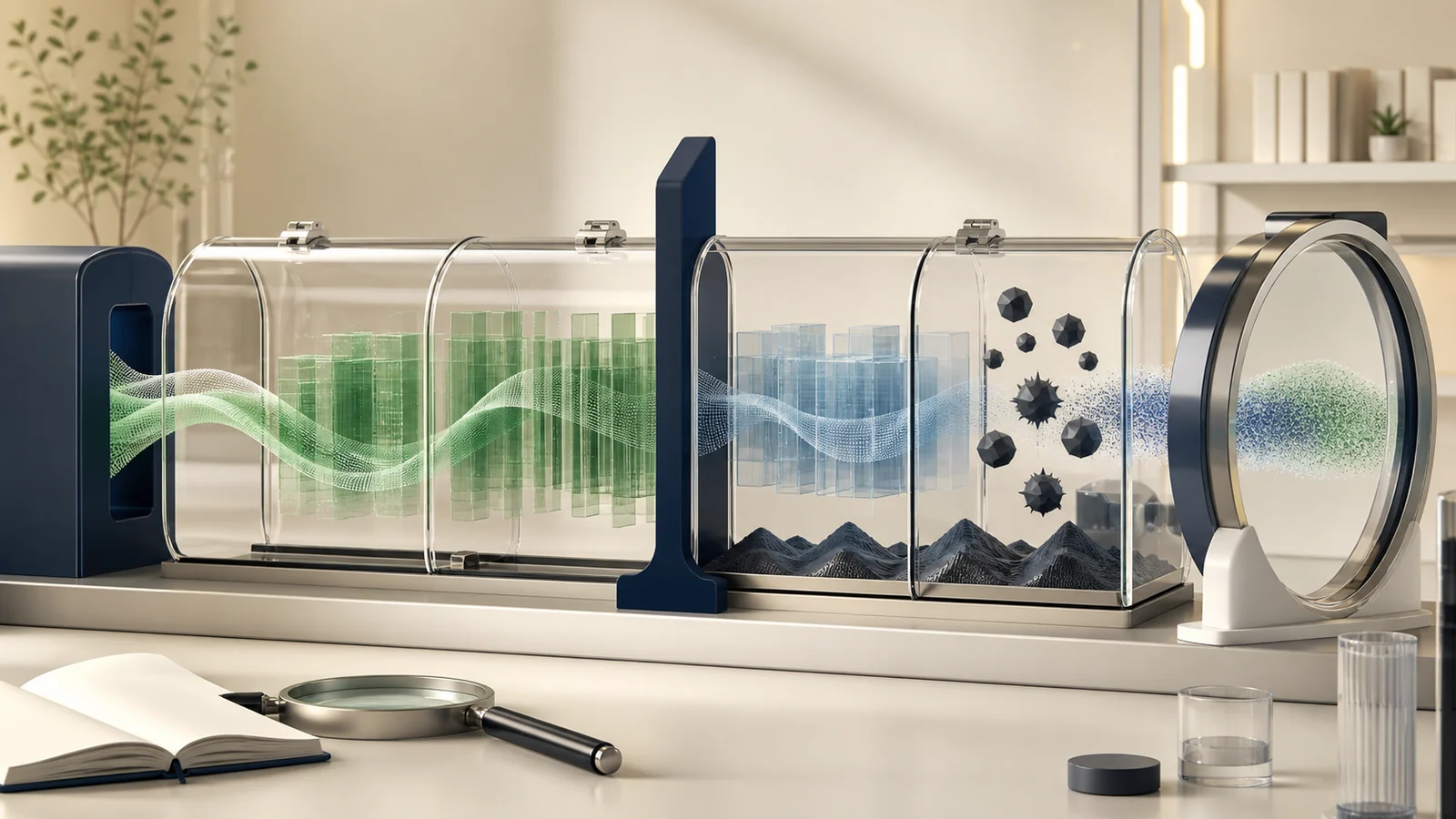Historical-data waves passing through separated test chambers, stress obstacles and an uncertainty lens
