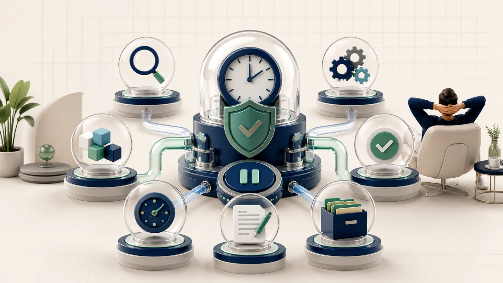 Automation engine handling repeated market checks while a protected clock, risk shield and audit record remain visible