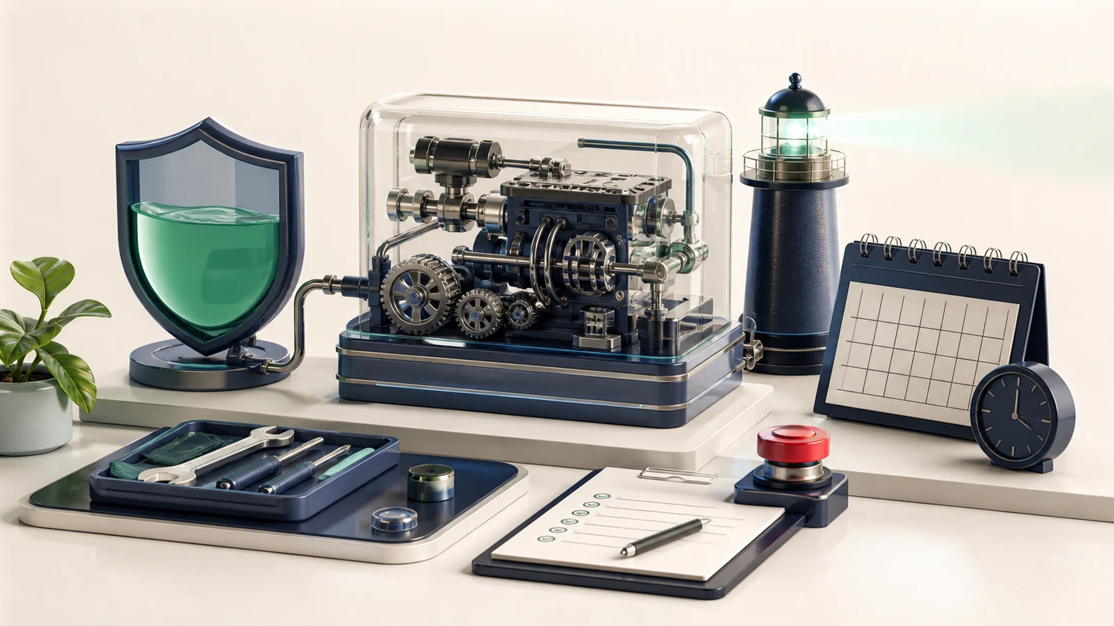 Automated engine operating beside scheduled monitoring, maintenance tools, protected capital and an emergency stop