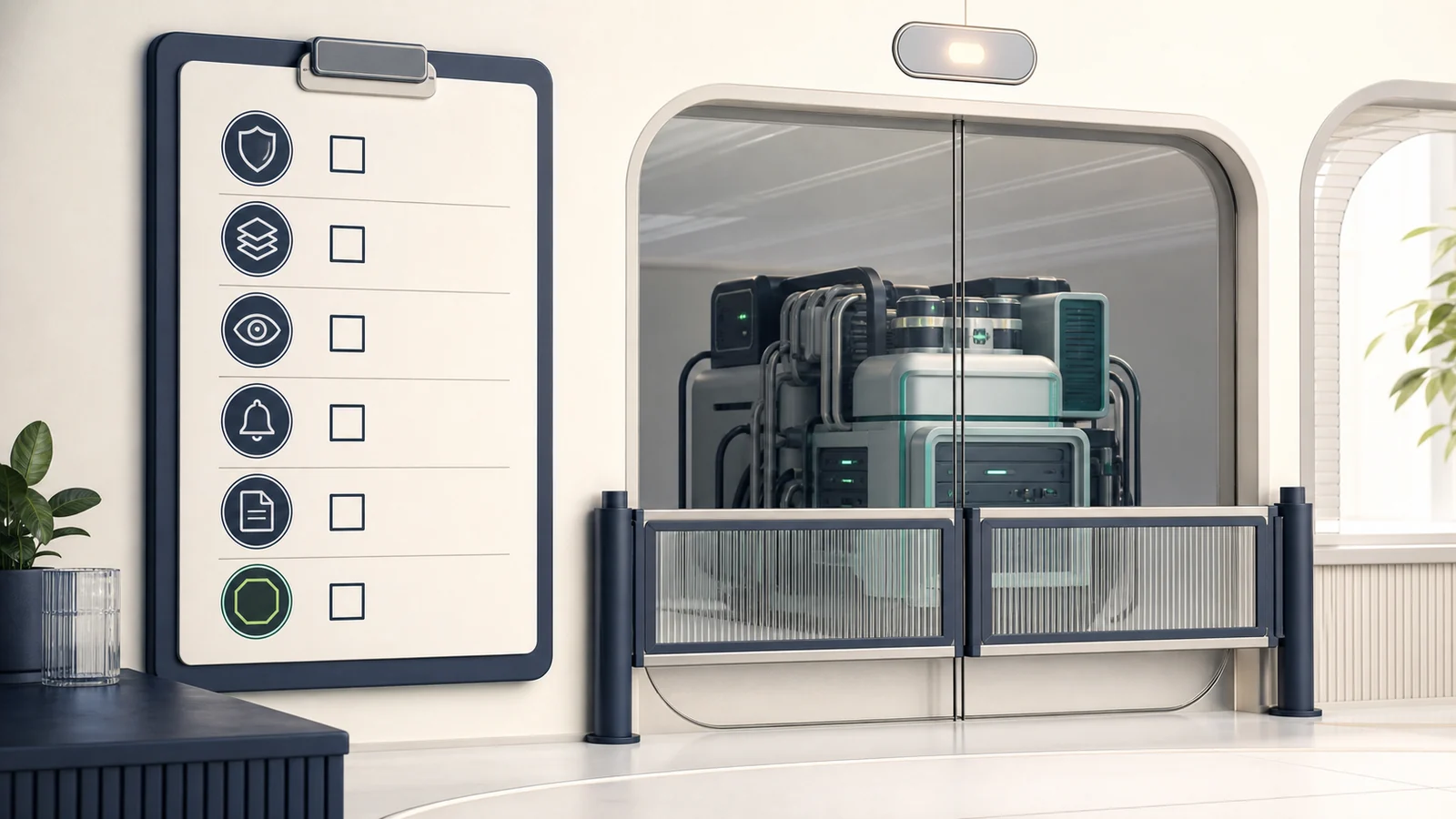 Pre-flight checklist verifying permissions, monitoring and emergency controls before an activation gate