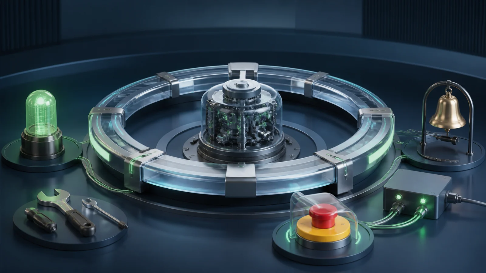 Round-the-clock automation engine surrounded by monitoring, maintenance, alerts and an emergency stop