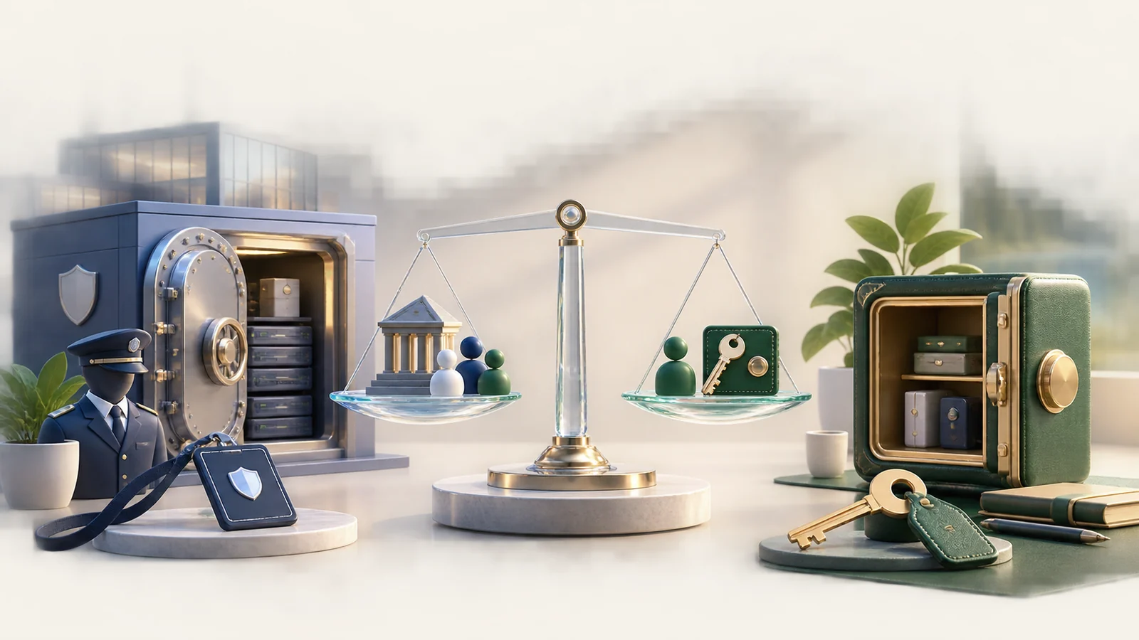Guarded service vault and personally controlled key shown on opposite sides of a responsibility scale