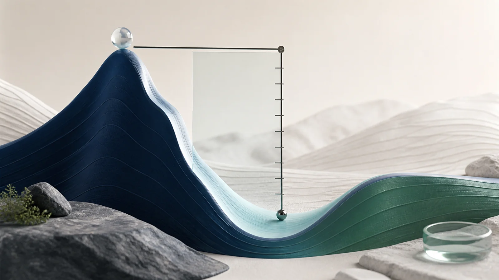 Sculptural market path descending from a peak into a trough beside a neutral depth gauge