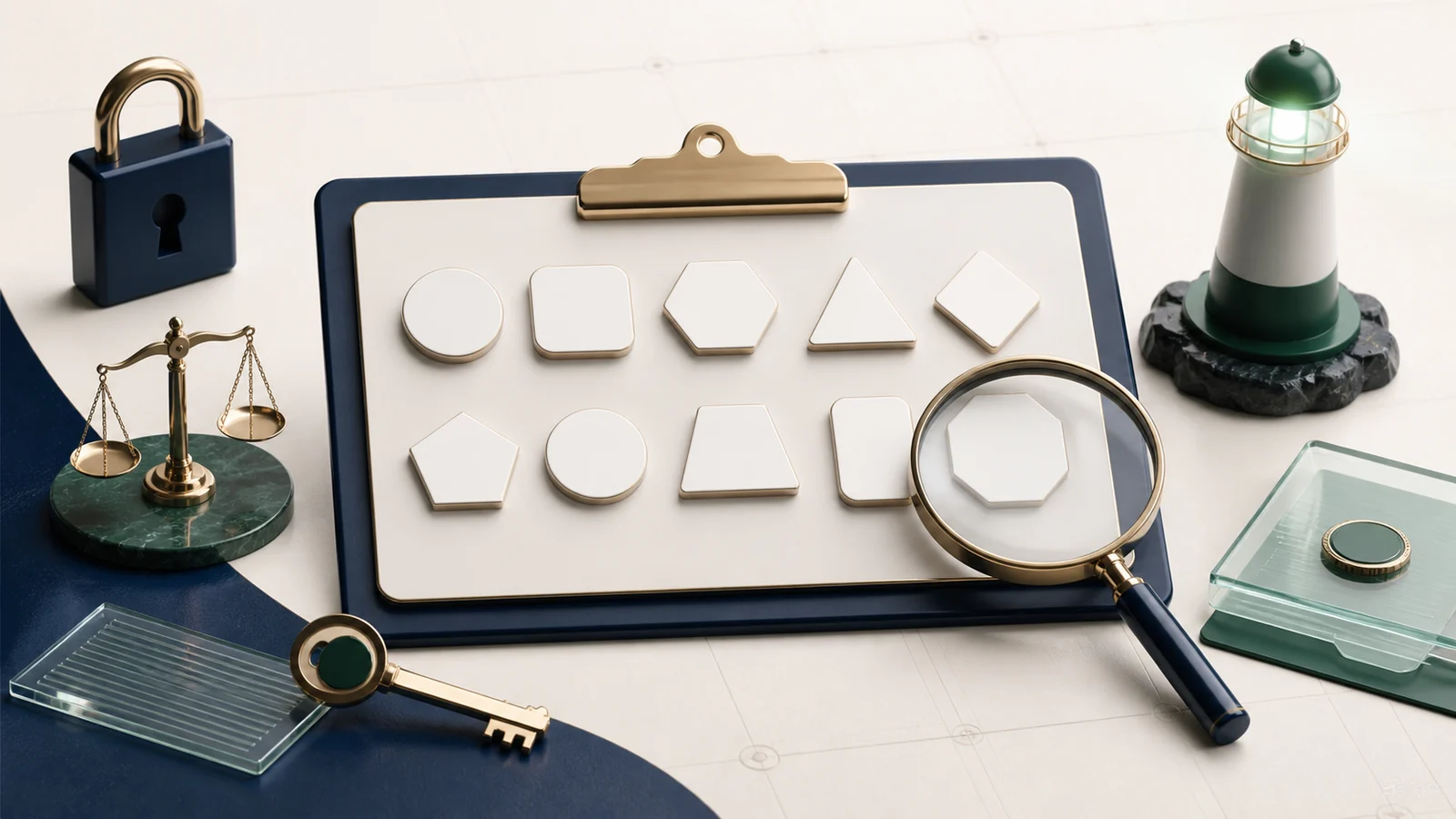 Platform inspection board with blank checkpoints, magnifying glass, permissions key, scales and security lock