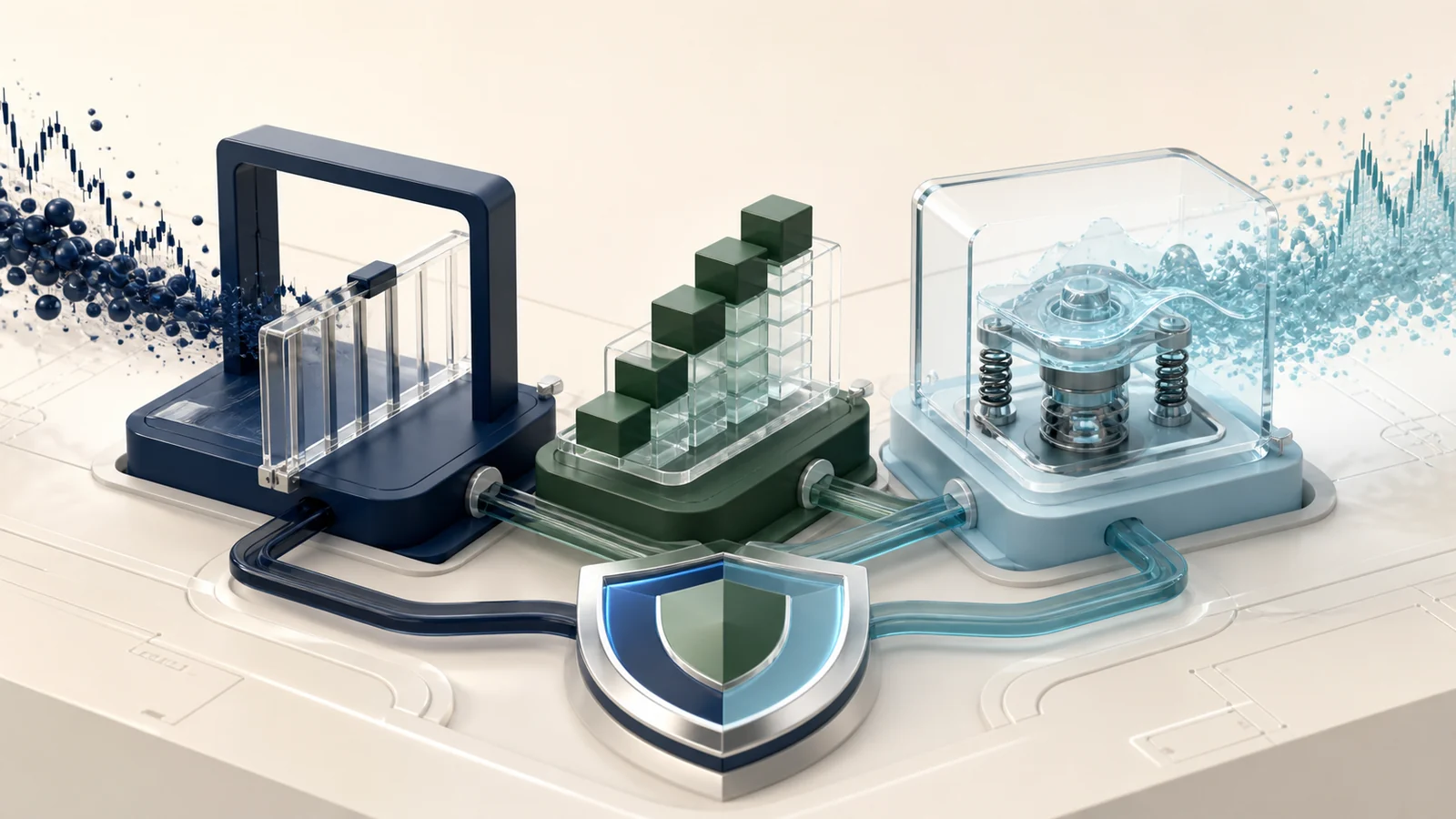 Stop gate, measured allocation blocks and volatility-damping chamber feeding one overall risk shield