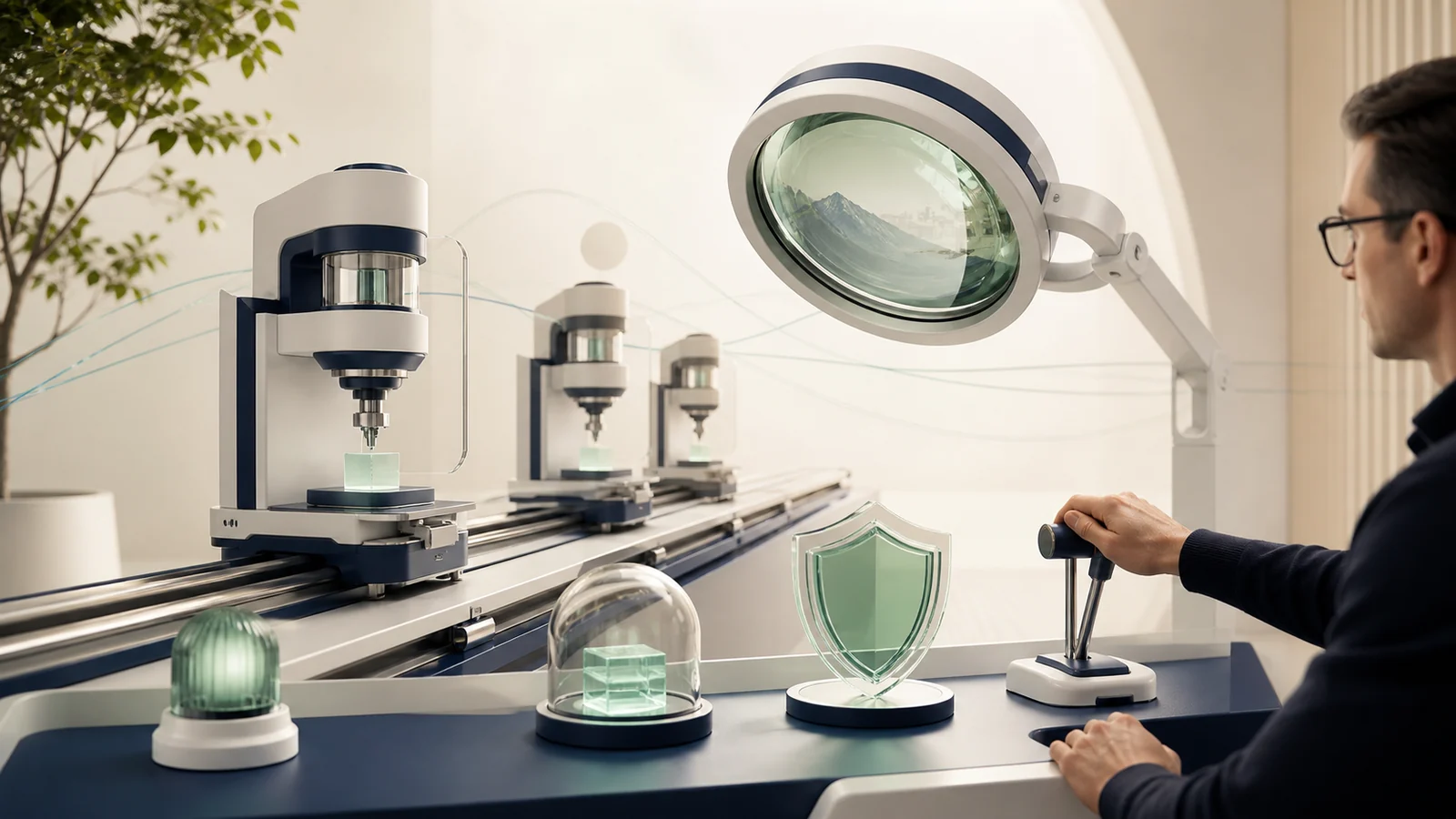 Precision automation repeating measured tasks while a human oversight lens supervises risk and exception controls