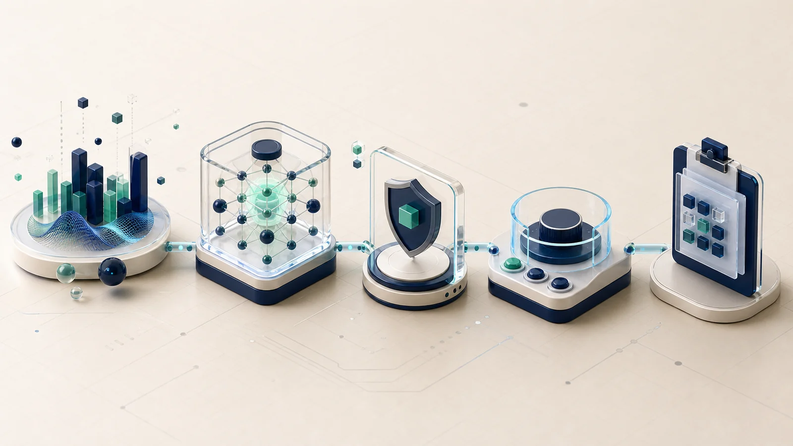 Five-part bot workflow moving from market data through neural analysis, safeguards, risk controls and an audit record